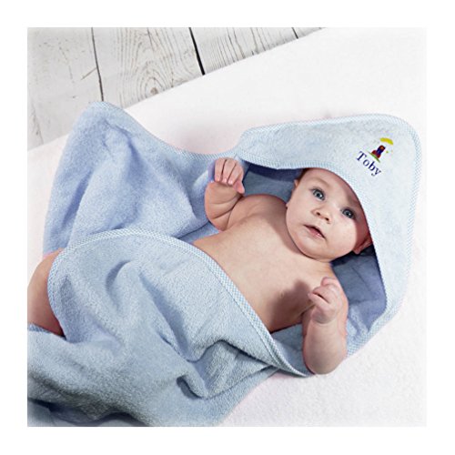 TowelsRus Personalised baby's name on our Soft Hooded Cotton Baby Wrap Towel in Baby Blue 100% Cotton, 76cm x 76cm embroidered for you