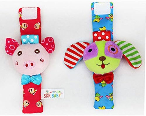 Amazemarket 2 Pcs Infant Newborn Rattle Colorful Animal Toy Shape Wrists Socks Foot Finder Soft Developmental Christmas Gift Improve Baby Hand-eye Coordination Rustled Paper (No original packaging, Dog + pig wrist bell)