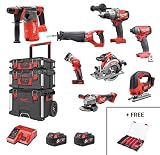 Sierra circular Milwaukee M18CCS55 + Sierra de calar Milwaukee M18BJS + Martillo Milwaukee M18CHX + Amoladora Milwaukee M18CAG125XPD + 2 Baterías 5,0 Ah 18V + Cargador M12-18C + Caddy PACKOUT 3 Maletines