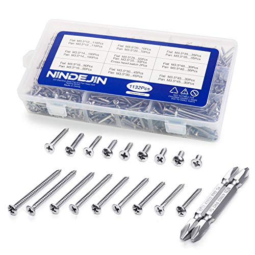 Prime Day NINDEJIN 1132pcs de acero inoxidable plano de y juego de tornillos de cabeza Surtido de cabeza plana con cruz para Juego de M3,5