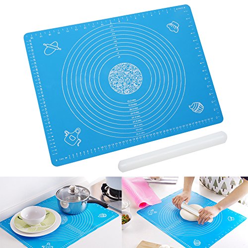 ilauke DIY Silikonpad Teigmatte 50*40cm mit Größe Zeichnen und Teigroller 33cm Ausrollstab Silikon-Arbeitsmatte Fondant ausrollen Tortendeko Ausstecher Ausstechform Modellierwerkzeug (set blau)