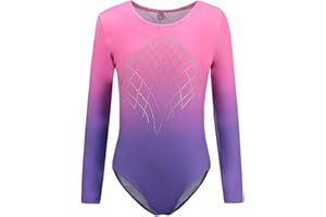 Sinoem Trykot gimnastyczny z długim rękawem dla dziewczynek 5-12 lat z błyszczącym diamentem w kolorze gradientu