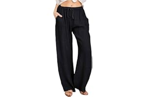 CheChury Pantalones Mujer Casuales de Lino de Algodón Cintura Alta Elásticos Largas Pantalón Deporte Elástica Pantalones Verano Causal Flojo Largos Playa con Bolsillos y Cómodos