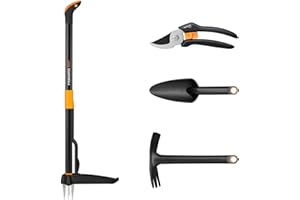 Fiskars Gartenwerkzeuge-Set, 4-teilig, Xact Unkrautstecher, Länge: 1 m, Solid Kombihacke, Länge: 28 cm, Solid Blumenkelle, Länge: 28 cm, Solid Bypass-Gartenschere P121, 1077309