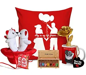 TIED RIBBONS Valentine Week Gift Combo Pack for Girlfriend Girls Wife Boyfriend Husband - Valentines Gift Pack (Teddy, Cushion, Coffee Mug, Artificial Rose, Love Message Bottle, Tag and Chocolates)