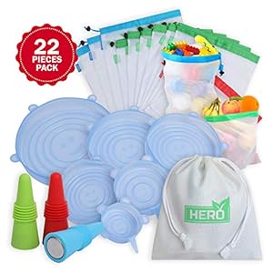 Hero 12 Reusable Mesh Produce Bags, 6 Eco Silicone Stretch Lids and 3 Wine Bottle Stoppers, 21 Pc. Set, All Purpose Travel and Kitchen Storage, Retain Optimal Freshness