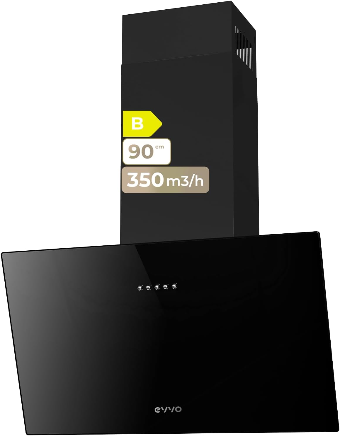 EVVO Campana Extractora 60cm Decorativa, Potencia 350 m³/h, Filtro 3 Capas Aluminio y Carbón Activo, Luz LED, 3 Velocidades, Eficiencia energética B, Acabado Cristal Negro