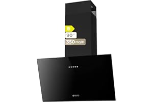 EVVO Campana Extractora 60cm Decorativa, Potencia 350 m³/h, Filtro 3 Capas Aluminio y Carbón Activo, Luz LED, 3 Velocidades, Eficiencia energética B, Acabado Cristal Negro