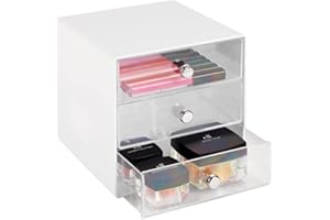 mDesign organiseur de bureau en plastique résistant – tour de rangement pratique avec 3 tiroirs pour trier le maquillage – boite de rangement plastique chic avec poignées chromées – blanc/transparent