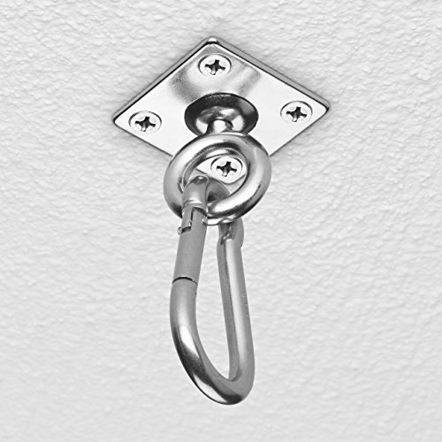Purovi® Drehbare Wand und Deckenhalterung aus Edelstahl für Sling Trainer Boxsack Hängematte | 5x5cm Drehbarer Pad + Karabienerhaken inkl. 4 Schrauben und 4 Fischer DUOPOWER Dübel - 2