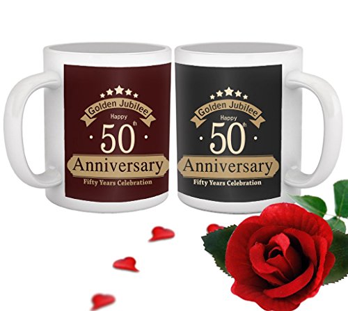 TIED RIBBONS Golden Jubilee 50th Wedding Anniversary Gift Printed Coffee Mugs with Rose (325ml, Multicolor)