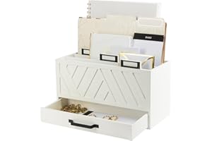 BLU MONACO White Desktop Mail Organizer – Three-Tiered with Gold Label Holders and Drawer – Stylish Mail Holder and Countertop Document Storage for Home or Office
