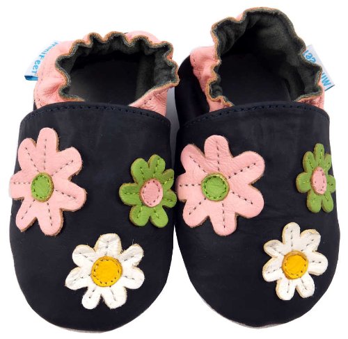 MiniFeet Soft Leather Baby Shoes, Navy Daisies, 6-12 Months