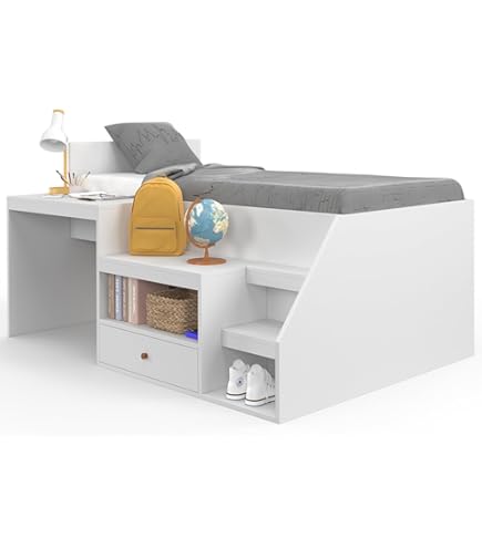Lit Mezzanine Amazon Avec Bureau Et Dressing, Blanc Et Bois, Pour Enfant Et Ado (Matelas 90x200cm Inclus)