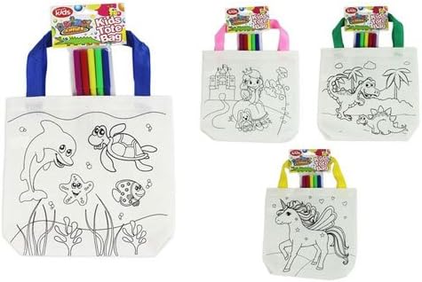 KIDS COLOUR YOUR OWN TOTE BAG 5 FELT TIP PENS COTTON KIDS ARTS CRAFTS 5 DESIGNS