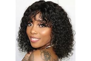 FASHION IDOL Bob Curly pelucas de pelo humano con flequillo Jerry Curl Bob pelucas de pelo humano virgen brasileña de pelo humano no pelucas delanteras del cordón para las mujeres