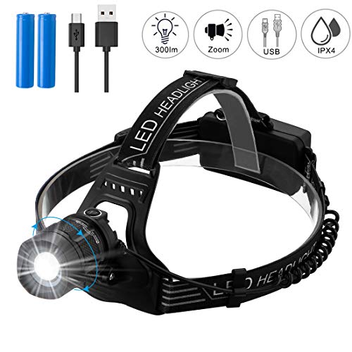 King-Pin USB Wiederaufladbare LED Stirnlampe Kopflampe, Fokusverstellbar, Super Hell, Wasserdicht Helmlampe stirnlampen Perfekt fürs Campen, Gehen, Wandern, Angeln, Klettern