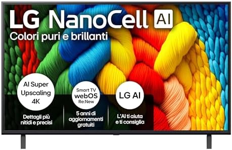 LG NanoCell AI NANO80 43 pollici, Smart TV 4K, Processore α7 Gen8, Tecnologia NanoCell, webOS con AI e telecomando puntatore AI, Filmmaker mode, Gaming con VRR 4K@60Hz, 43NANO80A6B 2025