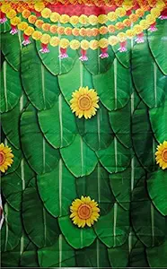 S2S Backdrop Cloth for Pooja Decoration Traditional Background Curtain Cloth for Festival Fabric Size 5 Height and 8 width Pack of 1 (Big Banana Leaf with Sun Flowers)