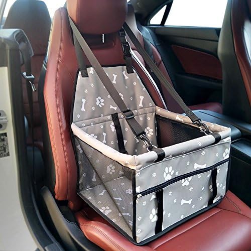 GENORTH Pet Booster Seat Pet Carrier Bag for Cats Folding Soft Washable Travel Bags for Dogs Cats or Other Small Pet with Zipper Storage Pocket (Grey with paw prints)