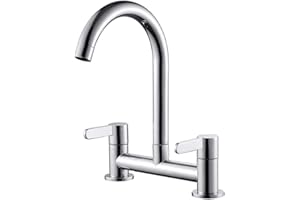 KEYOHOME Kitchen Sink Mixer Taps, 2 Hole Kitchen Faucet, 360° Swivel Spout Dual Lever Sink Mixer Tap, Deck Mounted Kitchen Taps, Cold and Hot Mixer Tap, Sink Tap 1/4 Turn with UK Standard Fittings (Chrome)