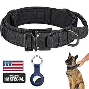 Tactical Dog Collar?Adjustable Military Training Nylon Dog Collar with Control Handle for Medium and Large Dogs?with Patches and AirTags Case (L, Black)