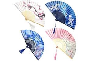 BEHAHAI 4 Pack Folding Fans, Handheld Bamboo Silk Fabric Folding Hand Fans with Tassel Wooden Chinese/Japanese Folding Hand Held Fans for Women Wedding Party Wall Decoration
