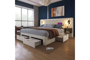 Huayz Set completo per camera da letto, letto matrimoniale, 180 x 200 cm, con 2 comodini e 4 cassetti, testiera con funzione di ricarica USB, velluto, senza materasso (beige, 180 x 200 cm)