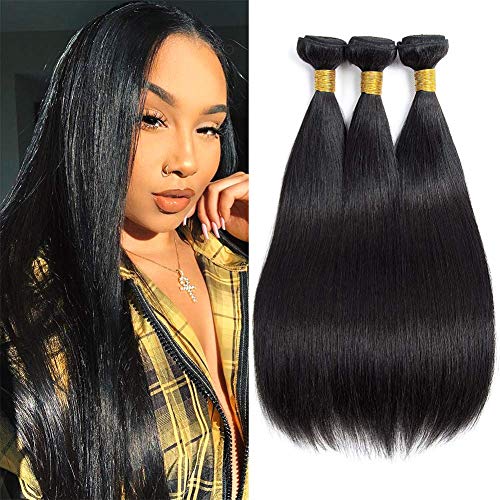 BLISSHAIR Lot de 3 faisceaux d'extensions Emerald de cheveux humains brésiliens vierges Remy, de qualité supérieure, raides, 7A ; cheveux 100% non transformés, teinture facile
