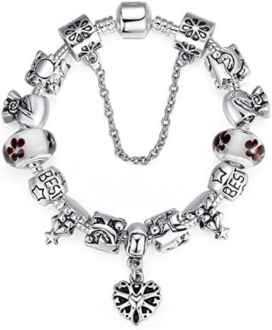 LQT Women's Fashion Charm Bracelet Unique Safety Chain Crystal Flower Sun Star Moon Beads Heart Pendant Black