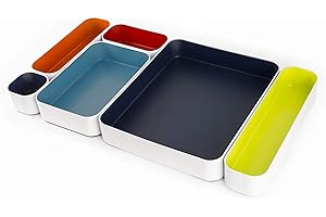 Three by Three Seattle 6 Piece Metal Organizer Tray Set for Storing Makeup, Stationery, Utensils, and More in Office Desk, Kitchen and Bathroom Drawers (2 Inch, Classic Colors)