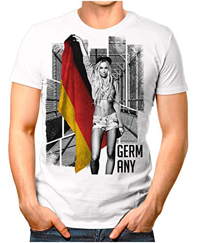 OM3® – Germany-Soccer-Girl – Herren T-Shirt EM 2020 Fußball Trikot Sexy Frau Deutschland Vintage Weiß XL