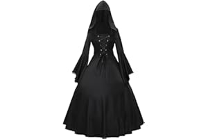 uxxnjfg Gothique à Capuche Deguisement Femme Robe Bal de Promo Manche Cloche Costumes Vintage Victorienne Renaissance Costume Medieval Femme