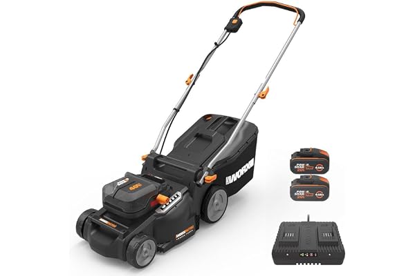 WORX Tondeuse à Gazon sans Fil 40V WG737E, Surface Max de 600 m², Lame de 37cm, Sac de 40L, Coupe jusqu'aux Bordures, 6 Hauteurs de Coupe, Livrée avec 2 Batteries 4Ah et Chargeur Double Rapide