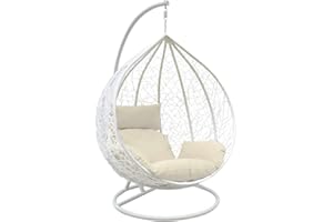 YESUITME Rattan Swing Egg Chair Garden Patio Furniture Indoor Outdoor Hanging Egg Chair Swing Hammock Seat White Lounge Chair with Sturdy Steel Frame and White Cushion