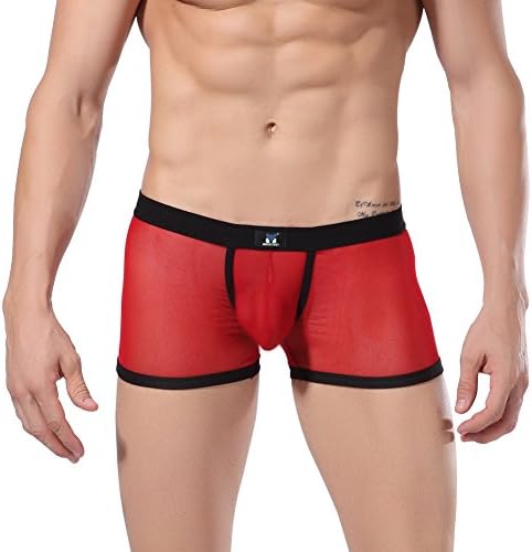 MRSECRET Sexy Mens Underwear See Through Mesh Transparent Boxer Shorts Lingeries Underpants (L, C-Red)