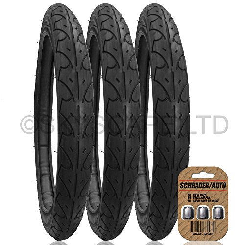 3 x OUT N ABOUT SPORT / NIPPER Suitable Stroller / Push Chair / Buggy Tyres to fit - 16" x 1.75 (Black) Super Grippy & Fast Rolling + FREE Shipping + FREE Upgraded Skyscape Metal Valve Caps (Worth £4.99)