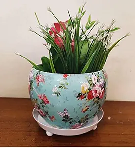 Shyam Decor Compact 5 Inch Metal Printed Planter Pot with Metal Stand White and Red Floral Printed, for Home and Office Decor