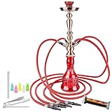 Taffstyle® Orientalische 4er Schlauch Party Shisha Wasserpfeife Orientalisch Hookah Glas Bowl Höhe 65 cm - Zubehör - 4 Schläuche, 5 Mundstücke, Zange und Kohle Holzkohle 1 Rolle mit 10 Stück / Rot