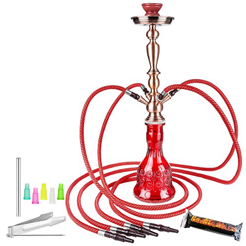 Taffstyle® Orientalische 4er Schlauch Party Shisha Wasserpfeife Orientalisch Hookah Glas Bowl Höhe 65 cm - Zubehör - 4 Schläuche, 5 Mundstücke, Zange und Kohle Holzkohle 1 Rolle mit 10 Stück / Rot