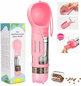 Qpets? Dog Water Bottles Portable Leak Proof Dog Water Dispenser with Drinking and Feeding Function Lightweight Pet Water Dispenser for Walking and Travel for Dog, Cat 300ml(Pink)