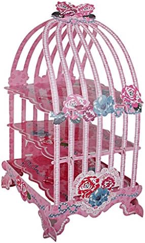 EOYHDSIA 3-Tier Birdcage Shape Cardboard Cupcake Display Stand (Pink Rose)