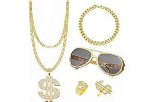 Funmo 5 sztuk łańcuszków dolara, pierścionek, gwiazda rocka, okulary, zestaw raperów, łańcuszek i pierścionek z lat 80. 90., strój męski, biżuteria hiphopowa, złoty milioner na karnawał C (Art Deco),