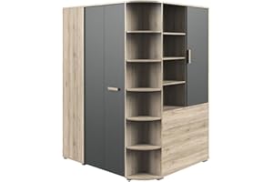 ‎LOMADOX Lomadox Kinderzimmer Eckkleiderschrank begehbar Jugendzimmer Kleiderschrank,gespiegelt aufbaubar in Eiche mit Graphit