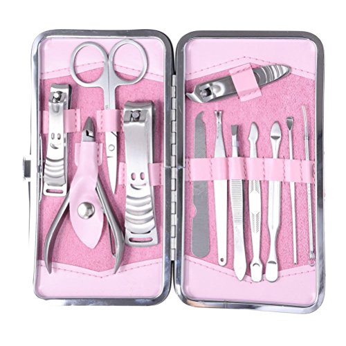 NUOLUX 12pcs Manicure Pedicure Sets Stainless Steel With Pink Case