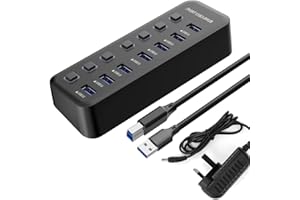 baolongking Zasilany koncentrator USB, 7-portowy hub danych USB 3.0, przedłużacz USB z indywidualnym przełącznikiem wł./wył. do laptopa/PC/komputera stacjonarnego/PS4/notebooka/innych (7-portowy, w