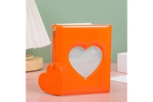 runrayay 3 Inch Mini Photo Album Kpop Photocard Holder with Pendant, Orange Heart Hollow Card Binder Photo Album Kpop Photo Card Holder, 32 Pockets