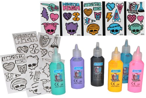 13 tlg. Set Glasmalfarbe und Vorlagen – Monster High – Bastelset Malen Malset Vampire Mädchen Zubehör Tube - 2