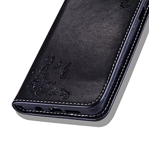 SKYXD Leder Hülle für Samsung Galaxy A5 2016 Rosen Blumen und Schmetterlings Muster,PU Folio Klappbar Schutzhülle [Brieftasche Kartenfach / Magnet / Standfunktion / Trageschlaufe] Klapphülle mit [Eule Handyanhänger + Eingabestift] 3 in 1 Zubehör Set Handy Tasche Etui for für Samsung Galaxy A5 2016 A510F Bookstyle Flip Case Leather Cover With [Stylus and Dust Plug]- Schwarz - 7