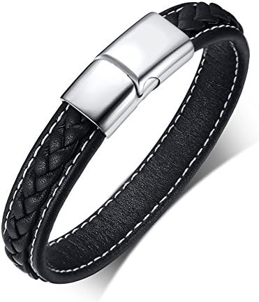 Vnox Personalised Genuine Leather Wristband Name Date Custom Bracelet with Stainless Steel Magnetic Clasp 19cm,Free Engraving